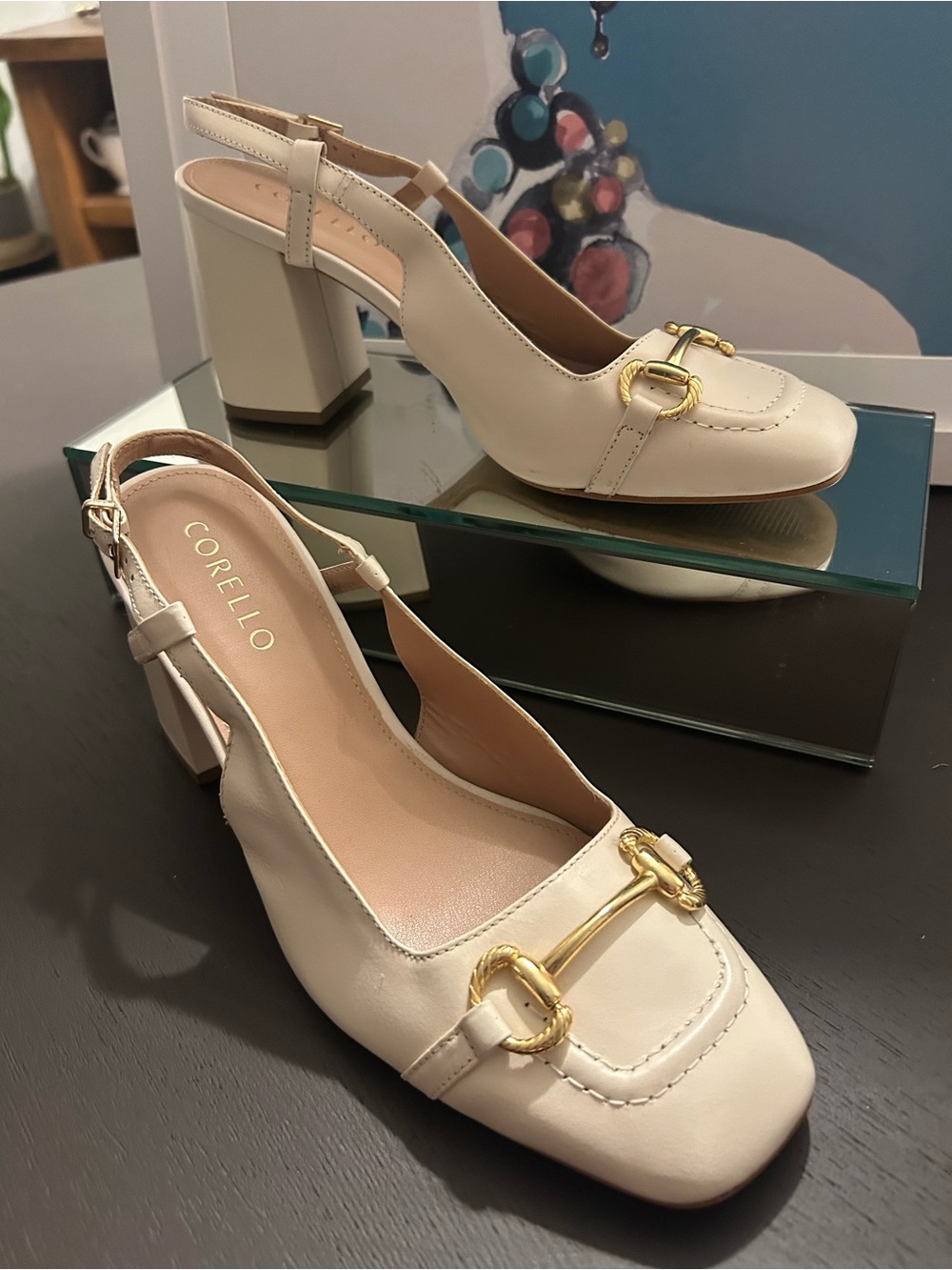 CORELLO Cream Leather Slingback Block Heel Pumps with Gold Buckle